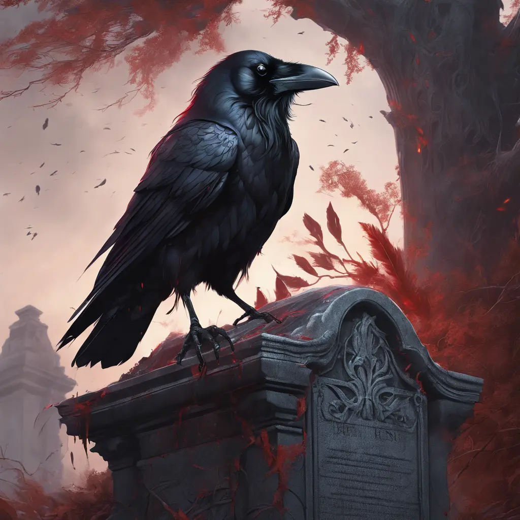 Raven sitting on an old decayed gravestone, red eyes, glowing feathers, 8k, Intricate Details by Stanley Artgerm Lau