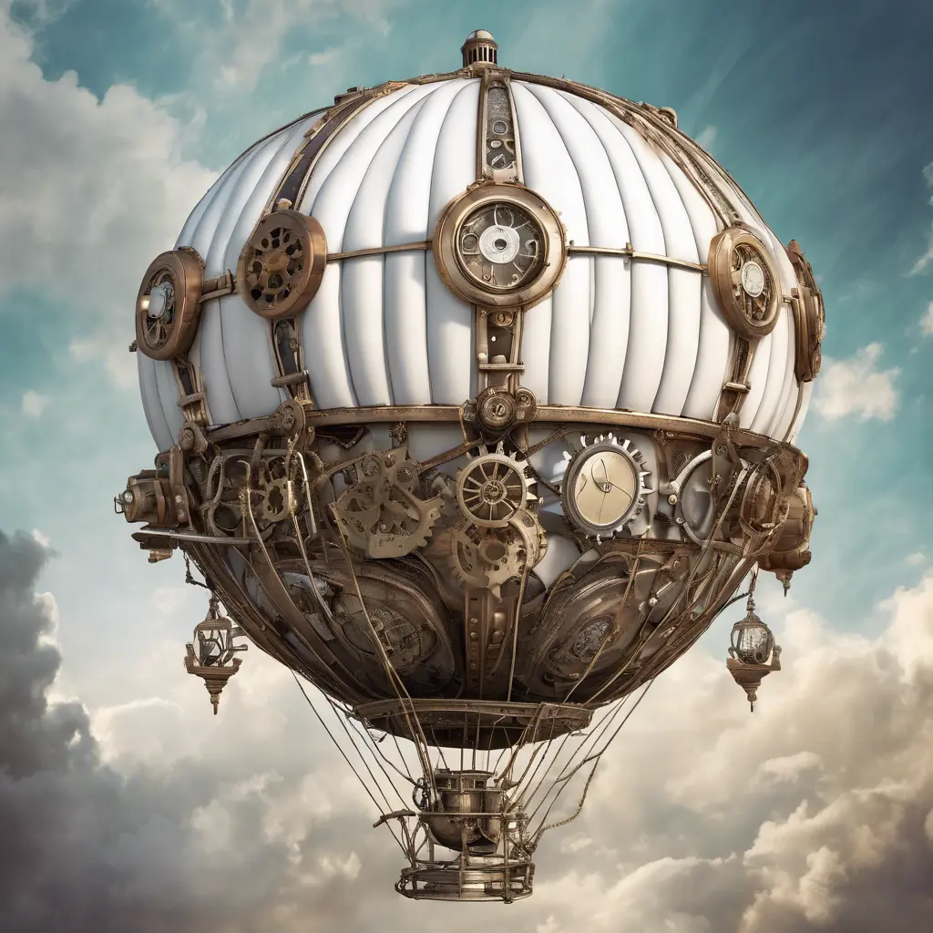 White steampunk hot air balloon with gears, Victorian style Ancient buildings, archeological ruins of lost civilizations and technology, Steampunk, Iridescence by Stefan Kostic