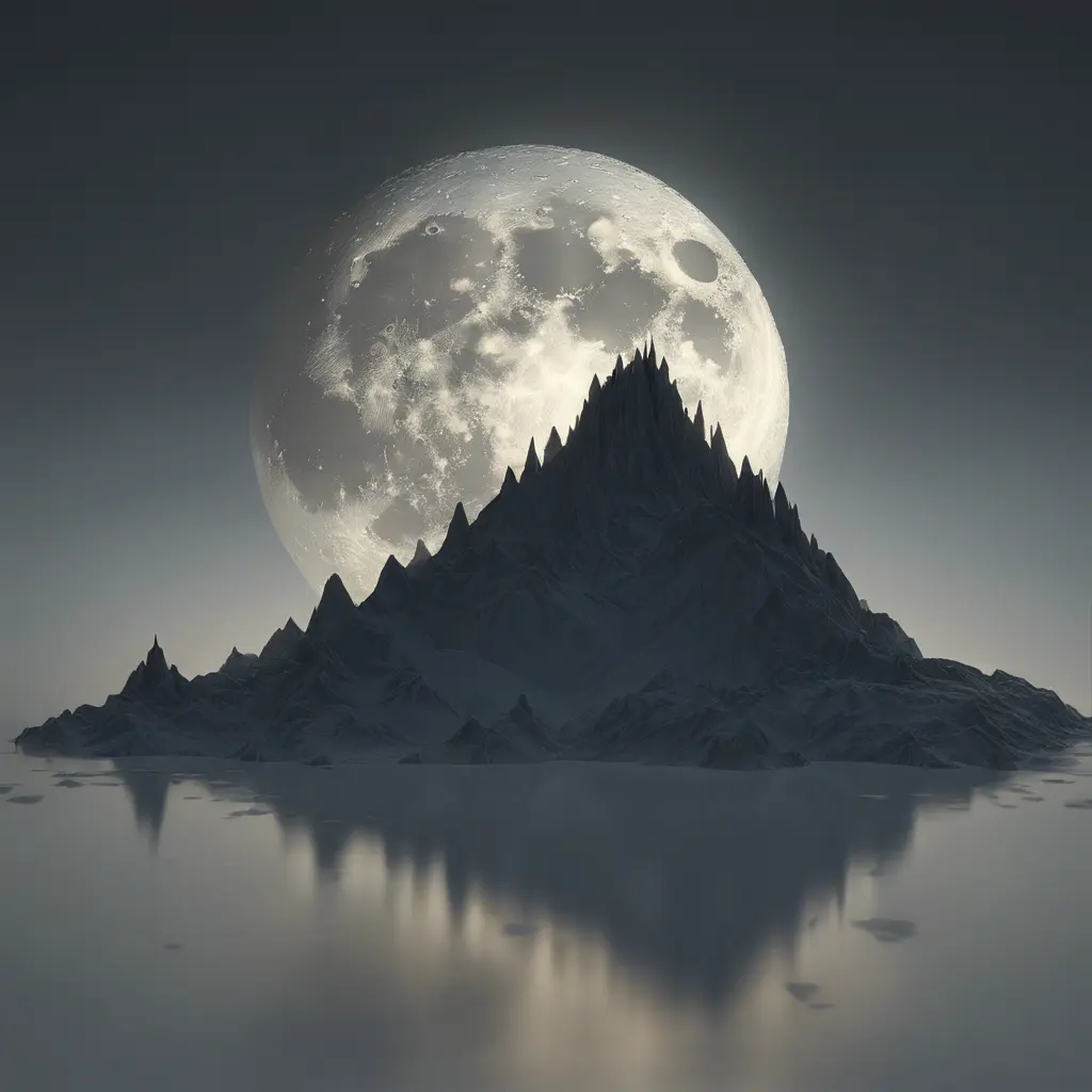 Mountain surreal moon, Award-Winning, Volumetric Lighting, Fantasy, Dark by Studio Ghibli