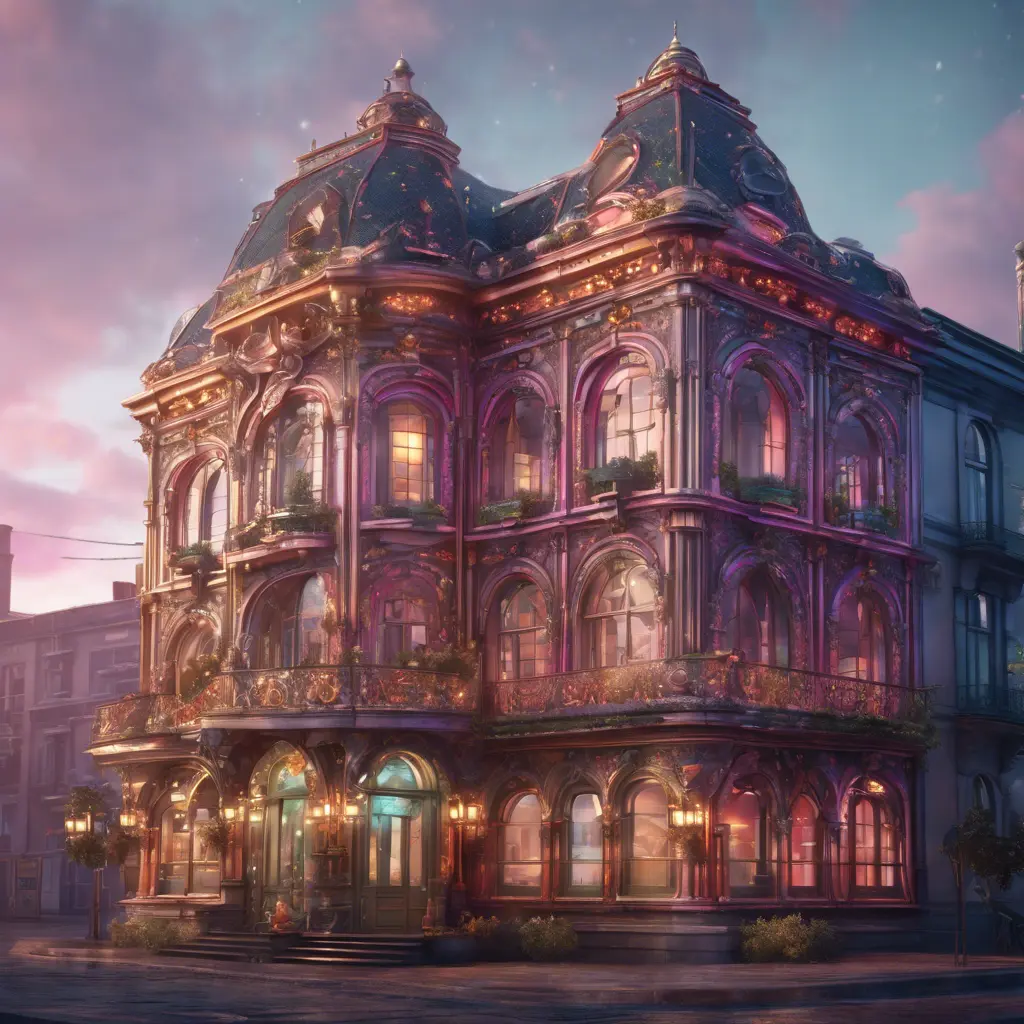 Art nuveau exterior fantasy colorful building office space futuristic rococco baroques victorian, 8k, Highly Detailed, Masterpiece, Vintage Illustration, Cinematic Lighting, Photo Realistic, Sharp Focus, Smooth, Octane Render, Digital Art