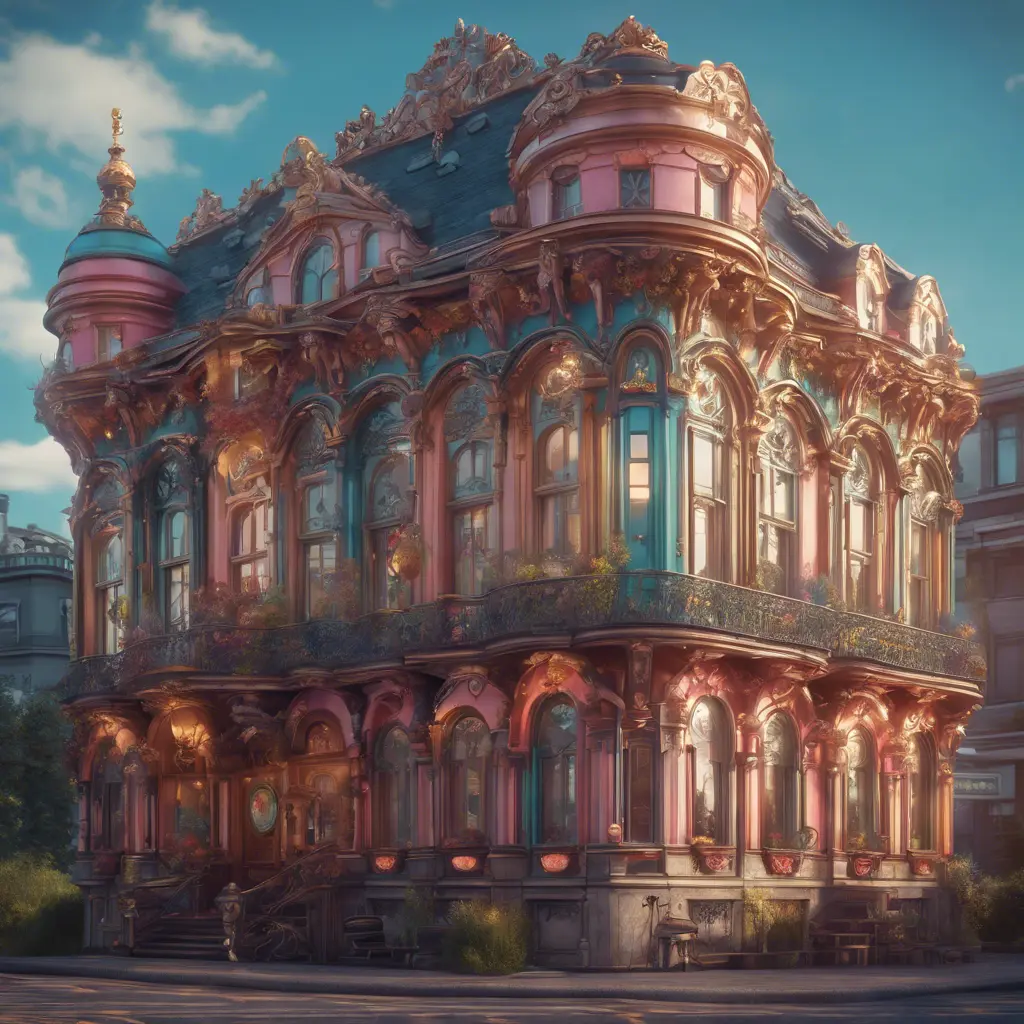 Art nuveau exterior fantasy colorful building office space futuristic rococco baroques victorian, 8k, Highly Detailed, Masterpiece, Vintage Illustration, Cinematic Lighting, Photo Realistic, Sharp Focus, Smooth, Octane Render, Digital Art by Studio Ghibli