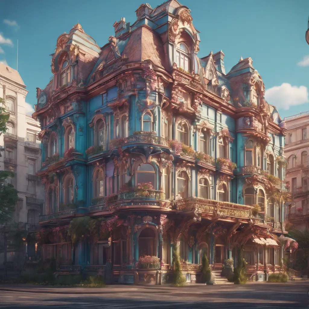 Art nuveau exterior fantasy colorful building office space futuristic rococco baroques victorian, 8k, Highly Detailed, Masterpiece, Vintage Illustration, Cinematic Lighting, Photo Realistic, Sharp Focus, Smooth, Octane Render, Digital Art by Studio Ghibli