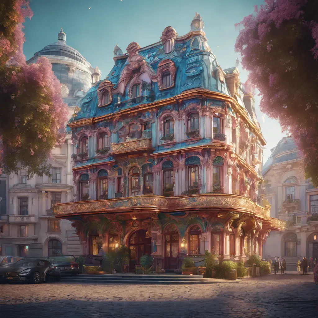 Art nuveau exterior fantasy colorful building office space futuristic rococco baroques victorian, 8k, Highly Detailed, Masterpiece, Vintage Illustration, Cinematic Lighting, Photo Realistic, Sharp Focus, Smooth, Octane Render, Digital Art by Stefan Kostic