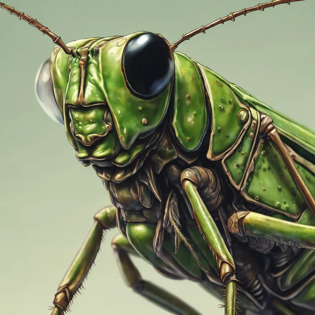 close up grasshopper, 4k, Highly Detailed, Hyper Detailed, Powerful, Artstation, Vintage Illustration, Digital Painting, Sharp Focus, Smooth, Concept Art by Studio Ghibli