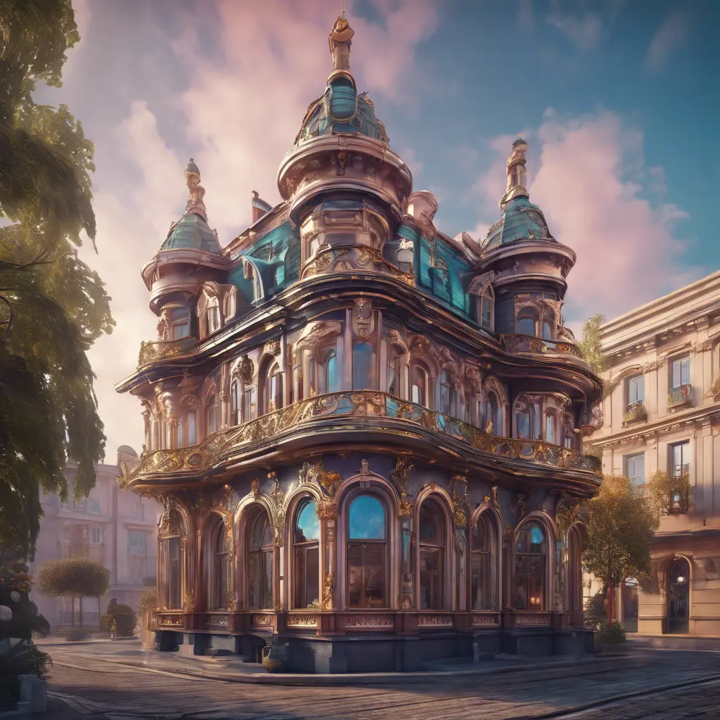 Art nuveau exterior fantasy colorful building office space futuristic rococco baroques victorian, 8k, Highly Detailed, Masterpiece, Vintage Illustration, Cinematic Lighting, Photo Realistic, Sharp Focus, Smooth, Octane Render, Digital Art by Stefan Kostic