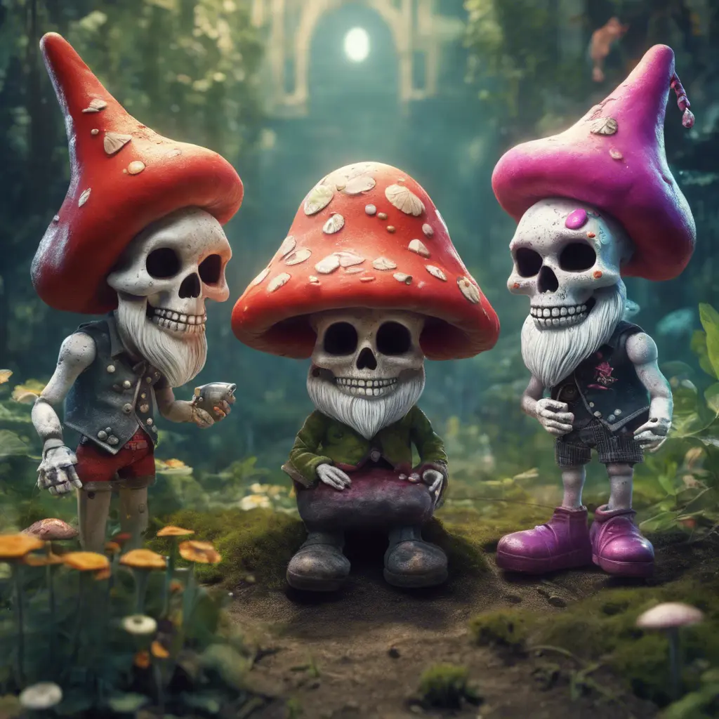 A sentient mushroom, a sugar skull who once played a gig at CBGB in New York City, and two garden gnomes converse about the boundaries of artificial intelligence, 4k