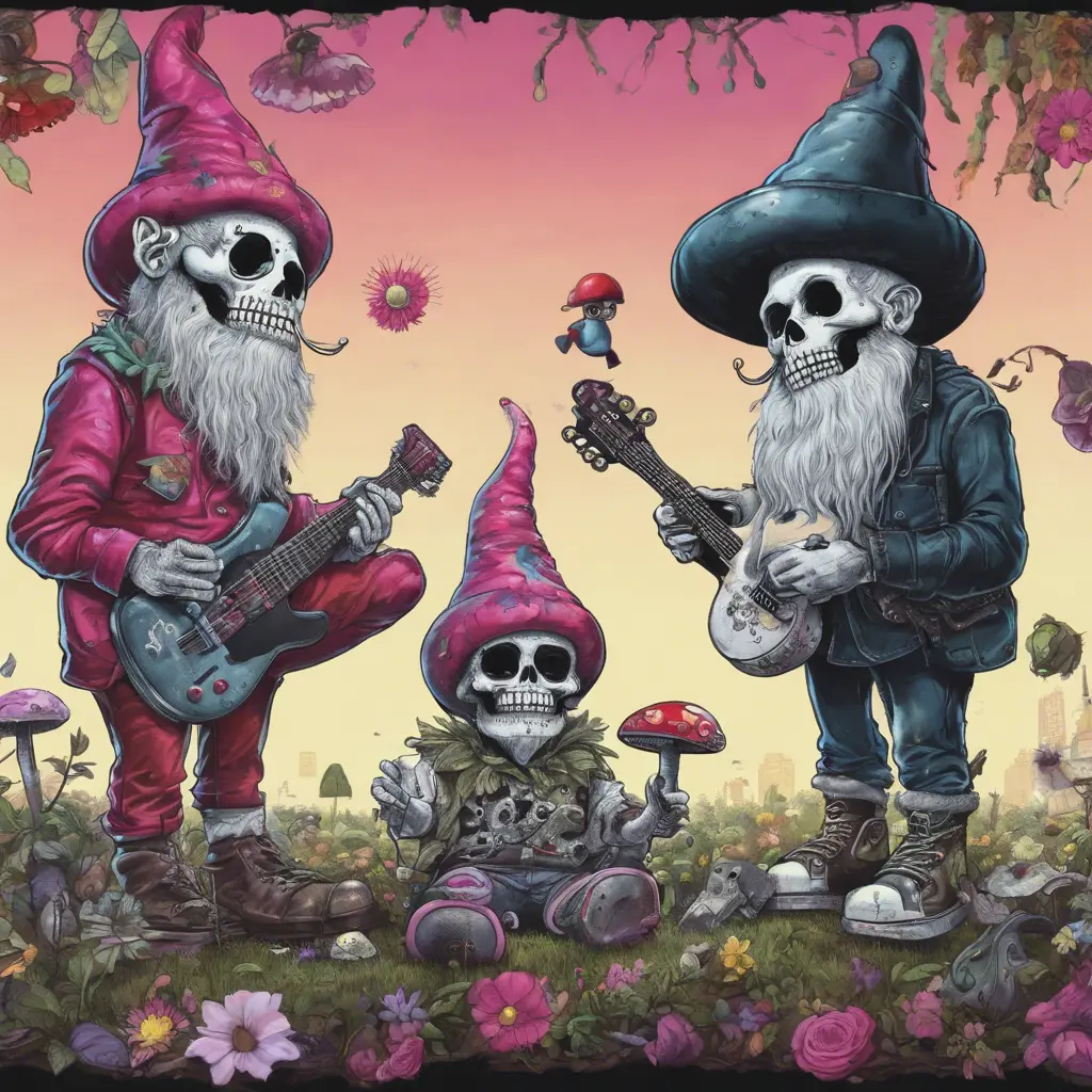 Two garden gnomes, a sentient mushroom, and a sugar skull who once played a gig at CBGB in New York City converse about the boundaries of artificial intelligence, 4k