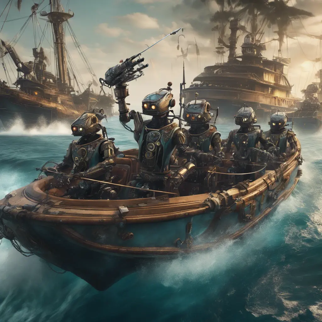 Six robots on a boat with harpoons, battling sharks with lasers strapped to their heads, 4k, Steampunk