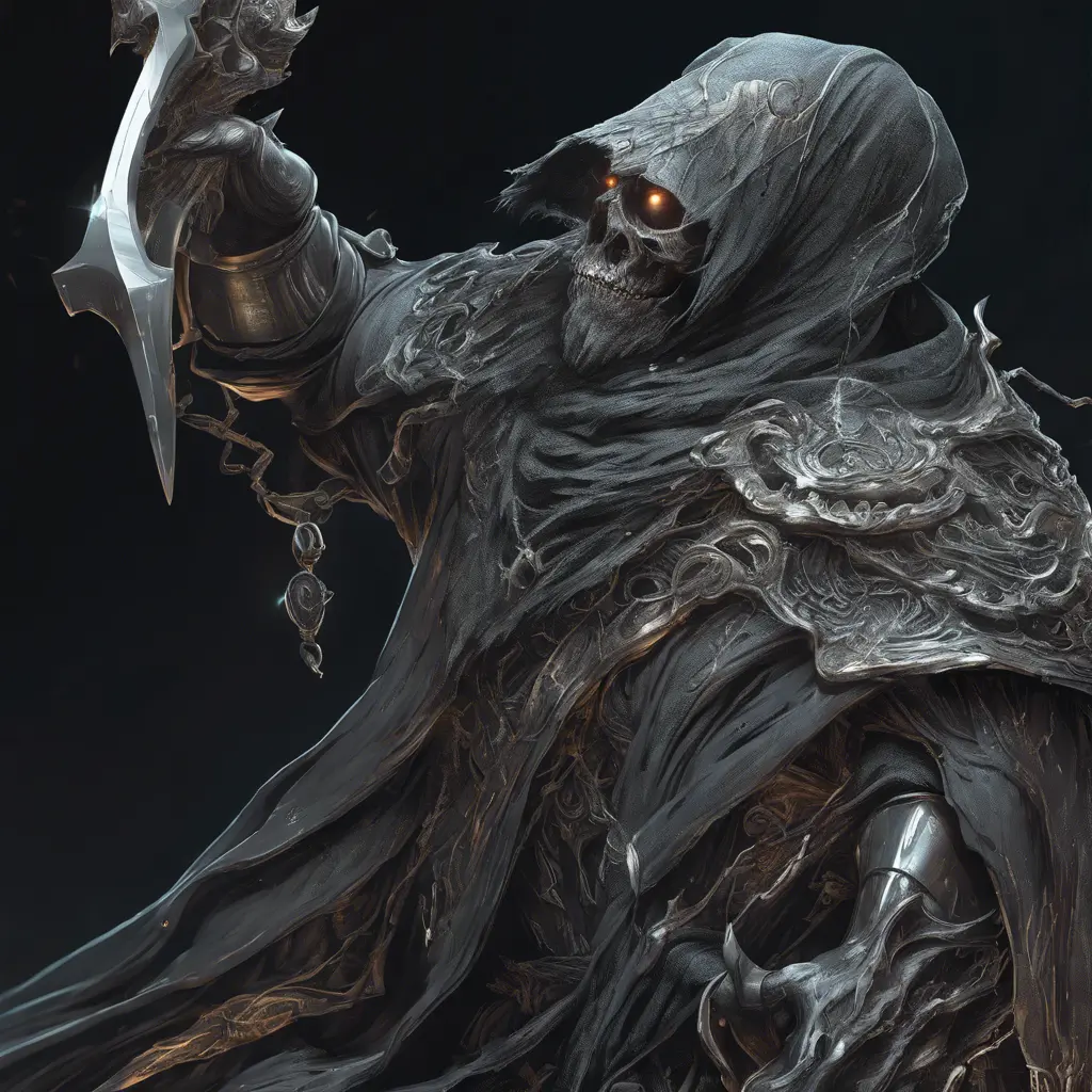 close up black ghost, 4k, Highly Detailed, Hyper Detailed, Powerful, Artstation, Vintage Illustration, Digital Painting, Elden Ring, Sharp Focus, Smooth, Concept Art by Stefan Kostic