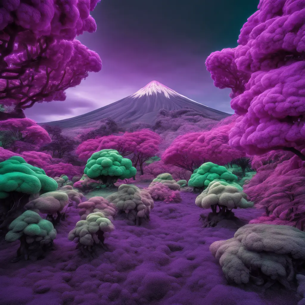 volcano garden and trees, purple and green, captured using infrared photography, 8k, Sharp Focus, Smooth, Landscape by Stanley Artgerm Lau