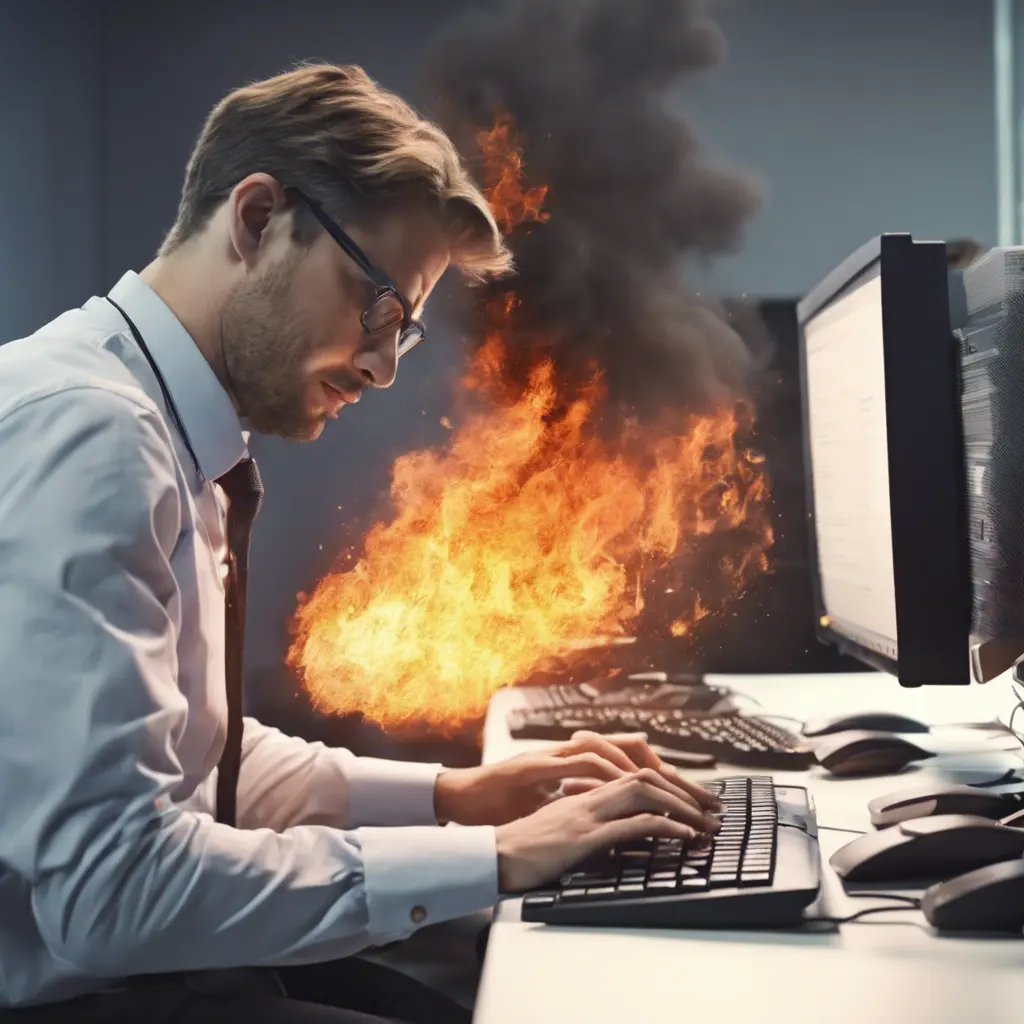 An IT worker typing so quickly that his keyboard starts burning, 4k