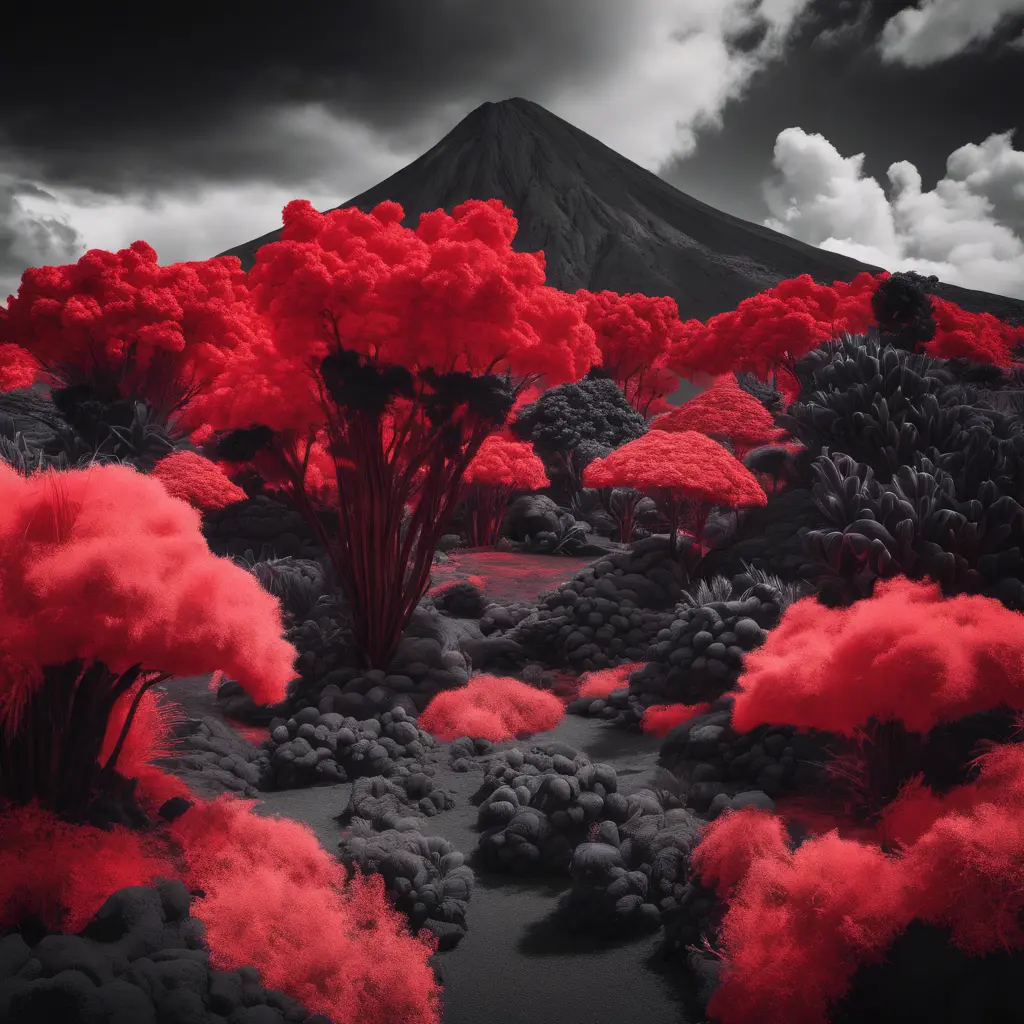 volcano garden and trees, bold red and black colors, captured using infrared photography, 8k, Sharp Focus, Smooth, Landscape