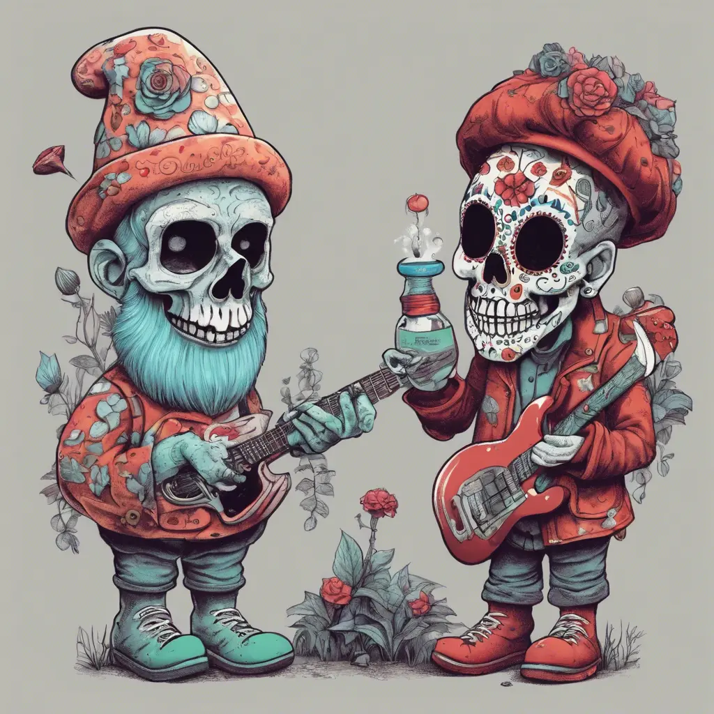 Two garden gnomes, a sentient mushroom, and a sugar skull who once played a gig at CBGB in New York City converse about the boundaries of artificial intelligence, 4k