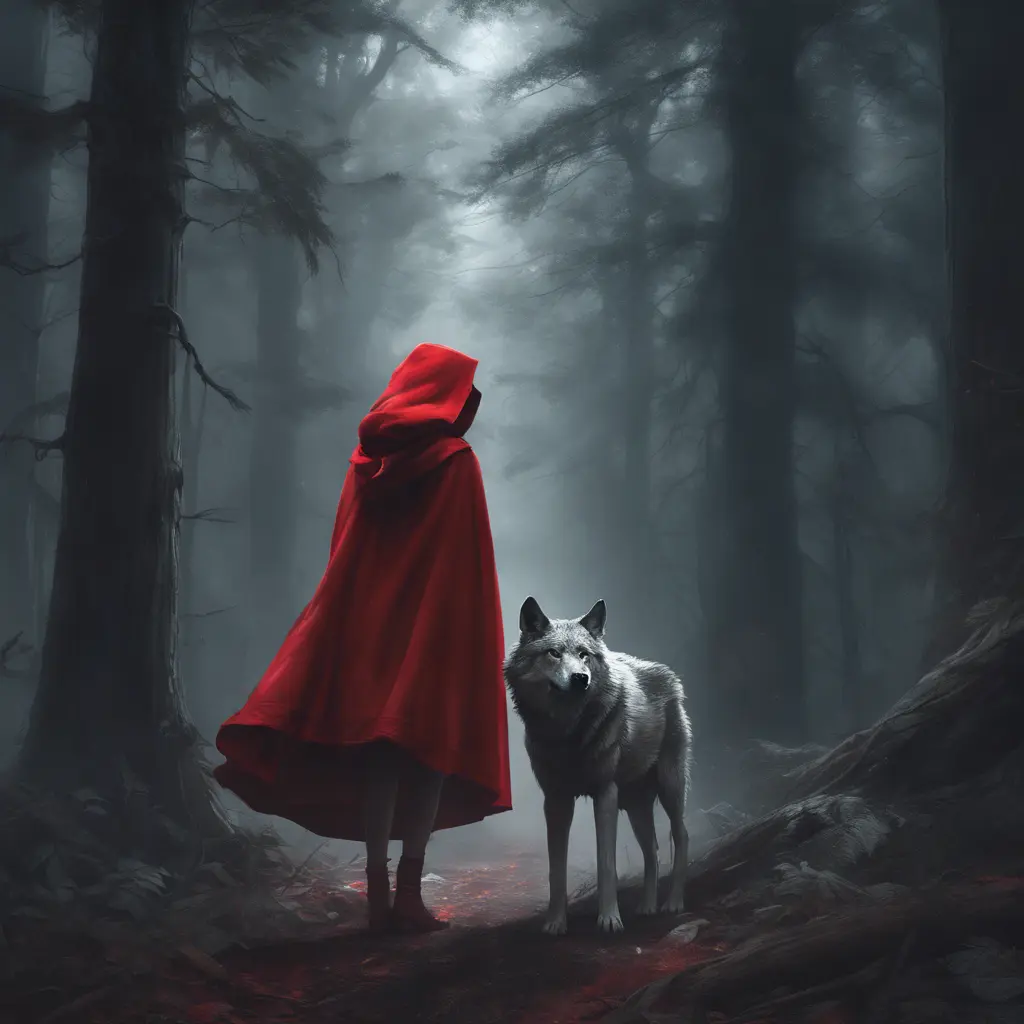 Little Red Riding Hood encountering the Big Bad Wolf in a dark forest, 4k, Atmospheric, Hyper Realistic by Stanley Artgerm Lau