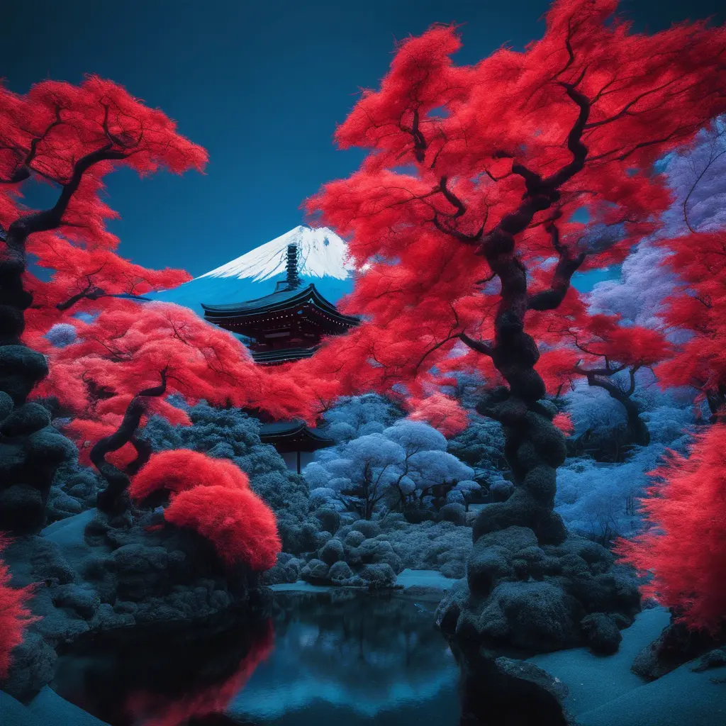 volcano japanese garden and trees, red and blue, captured using infrared photography, 8k, Sharp Focus, Smooth, Landscape by Stefan Kostic