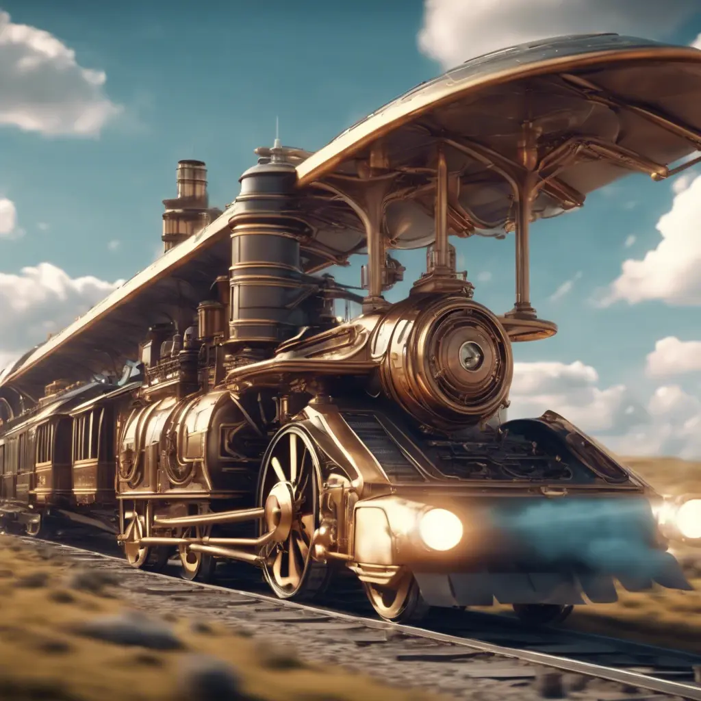 A futuristic hybrid of a steam engine train and a DaVinci flying machine, 4k