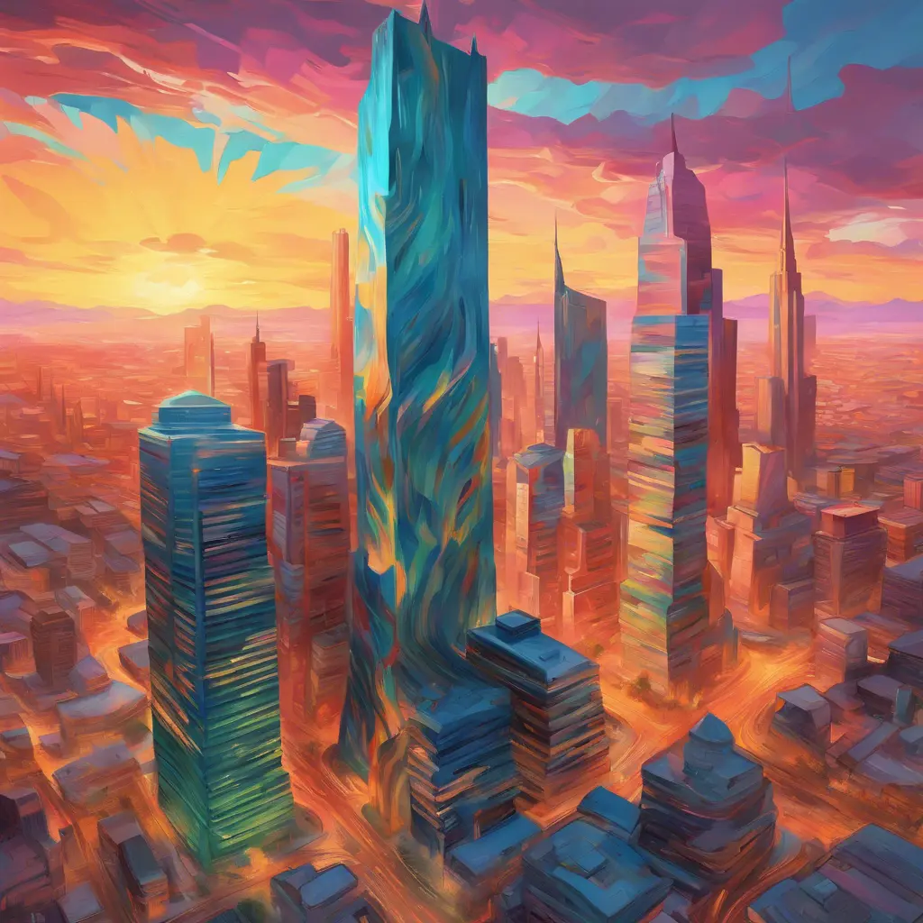 Generate an image of a bustling, colorful metropolis filled with towering skyscrapers and a vibrant sunrise, contrasting the calm and monotonous desert landscape depicted in a Van Gogh-inspired, distorted reality style, 4k by Stanley Artgerm Lau