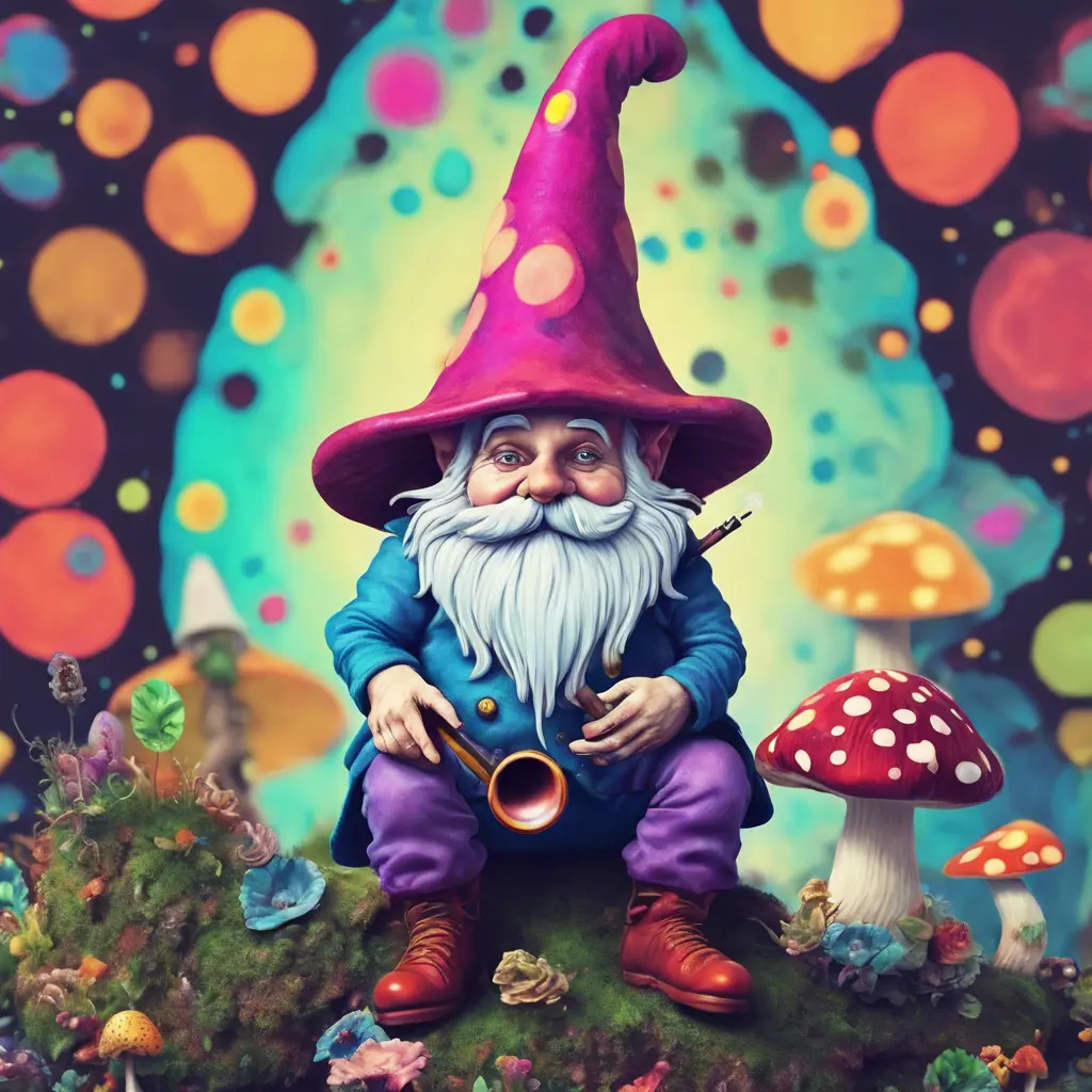 a gnome on a spotted mushroom smoking a pipe, psychedelic, colorful, Alice in Wonderland style, 4k