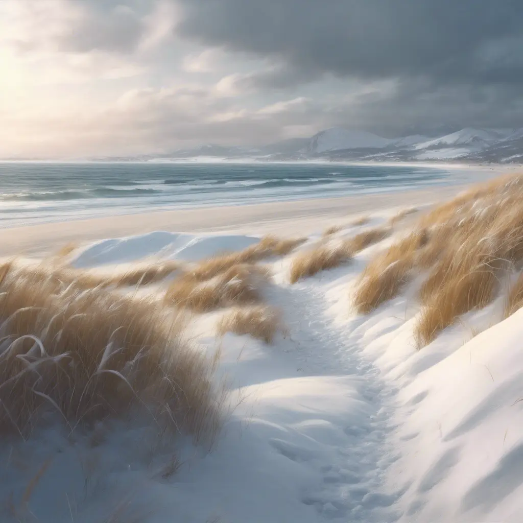 snowy winter landscape in the middle of summer at the beach, 4k by Stanley Artgerm Lau