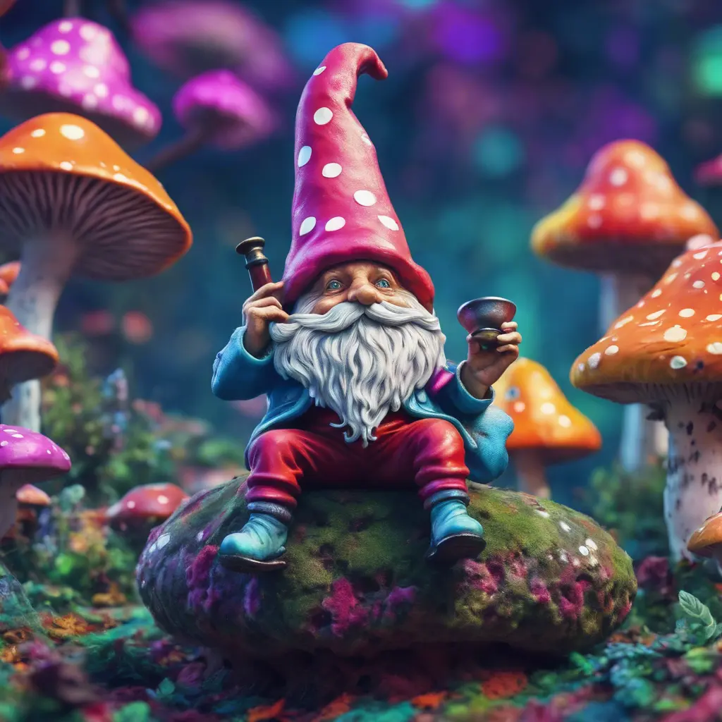 a gnome on a spotted mushroom smoking a pipe, psychedelic, colorful, Alice in Wonderland style, 4k