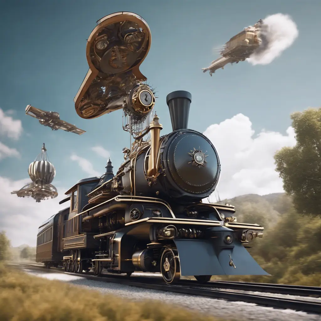 A futuristic hybrid of a steam engine train and a DaVinci flying machine, 4k