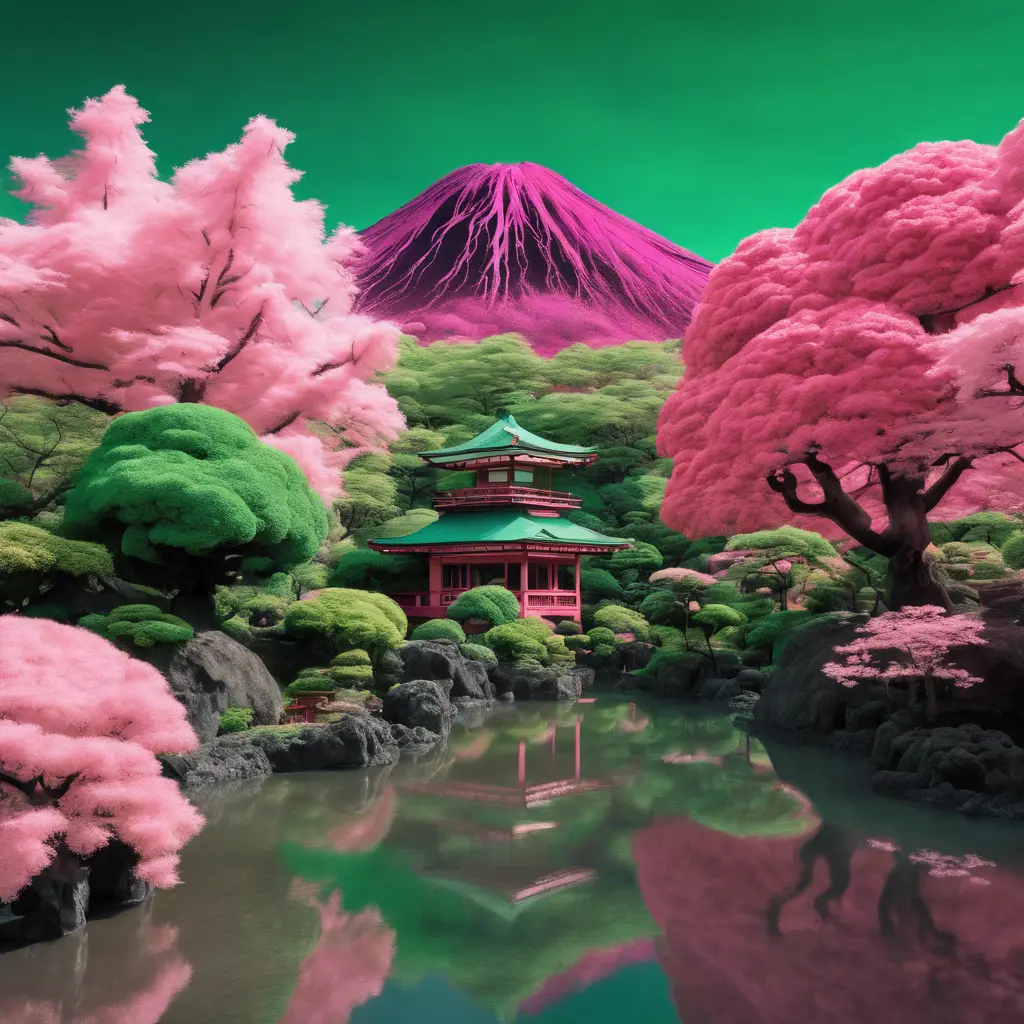 volcano japanese garden and trees, green and pink, captured using infrared photography, 8k, Sharp Focus, Smooth, Landscape by Studio Ghibli