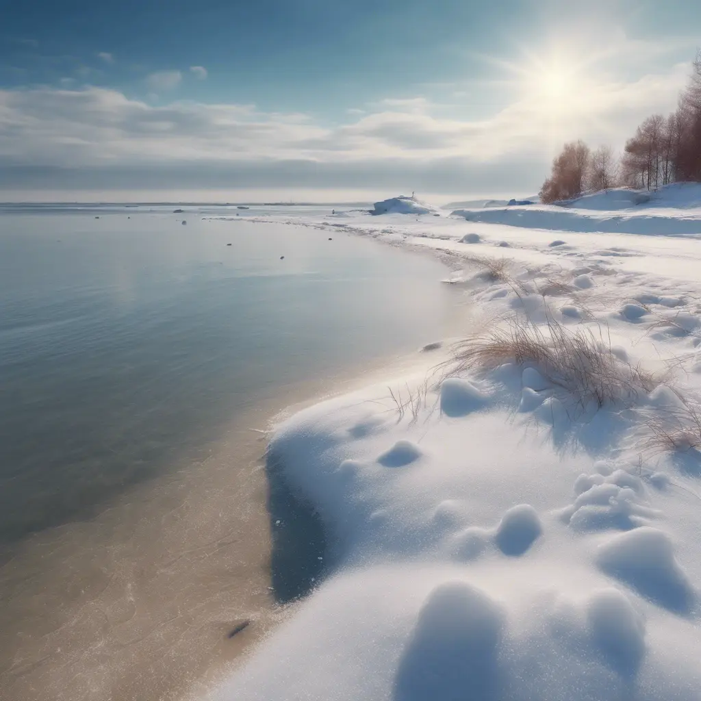 snowy winter landscape in the middle of summer at the beach, 4k by Stefan Kostic