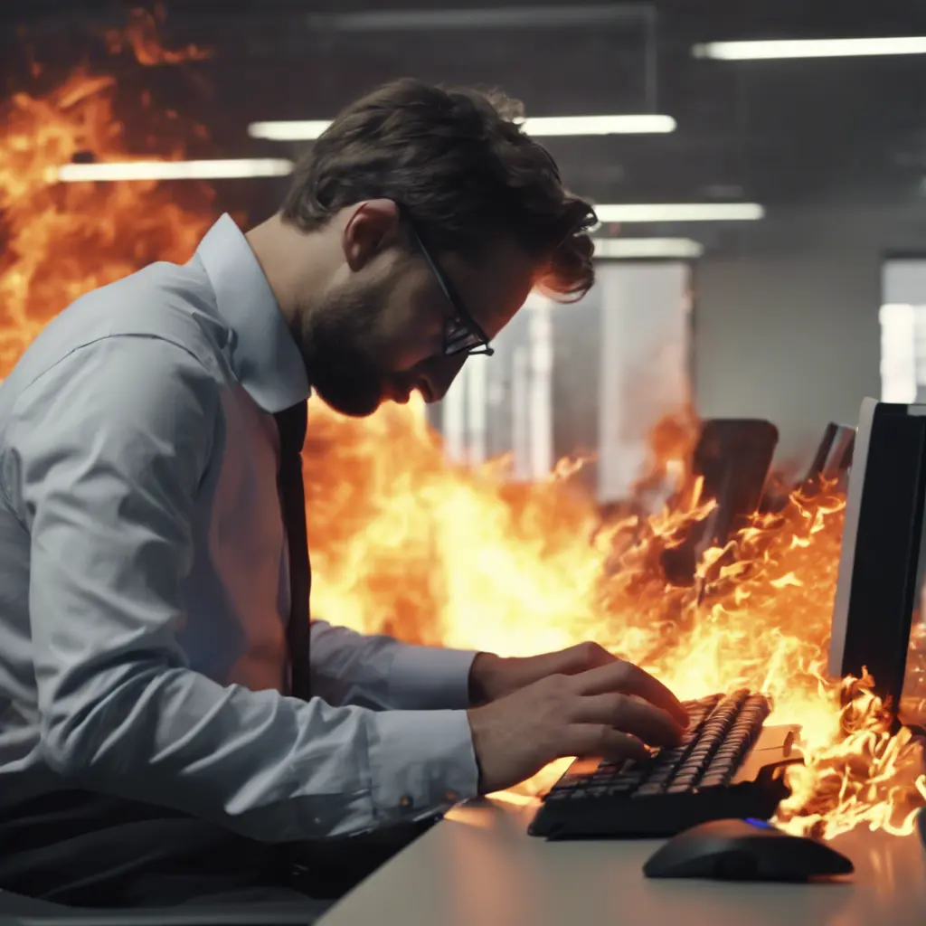 An IT worker typing so quickly that his keyboard starts burning, 4k