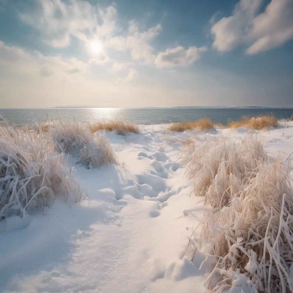 snowy winter landscape in the middle of summer at the beach, 4k by Stefan Kostic