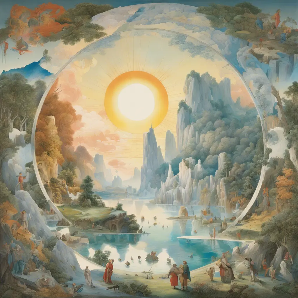 The image presents a fantastical, circular landscape that seamlessly transitions through the seasons as well as times of day, unified by a radiant central sun. The composition is a meticulous symphony of natural elements - towering ice cliffs, lush forests, and tranquil waters - juxtaposed with a multitude of human figures engaged in various activities suggestive of harmony with nature. Colors range from the cool blues and whites of winter to the warm autumnal golds and fiery tones suggesting summer, while the lighting is masterful, varying from the soft glow of dawn to the vivid brightness of noon and the gentle twilight. Please note that while I strive to describe the image accurately, my description may not fully capture the vibrancy or the subtle nuances of the artwork., 4k by Stanley Artgerm Lau