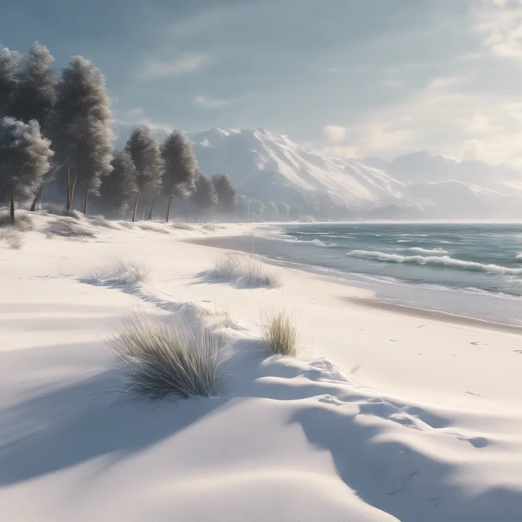 snowy winter landscape in the middle of summer at the beach, 4k by Stanley Artgerm Lau