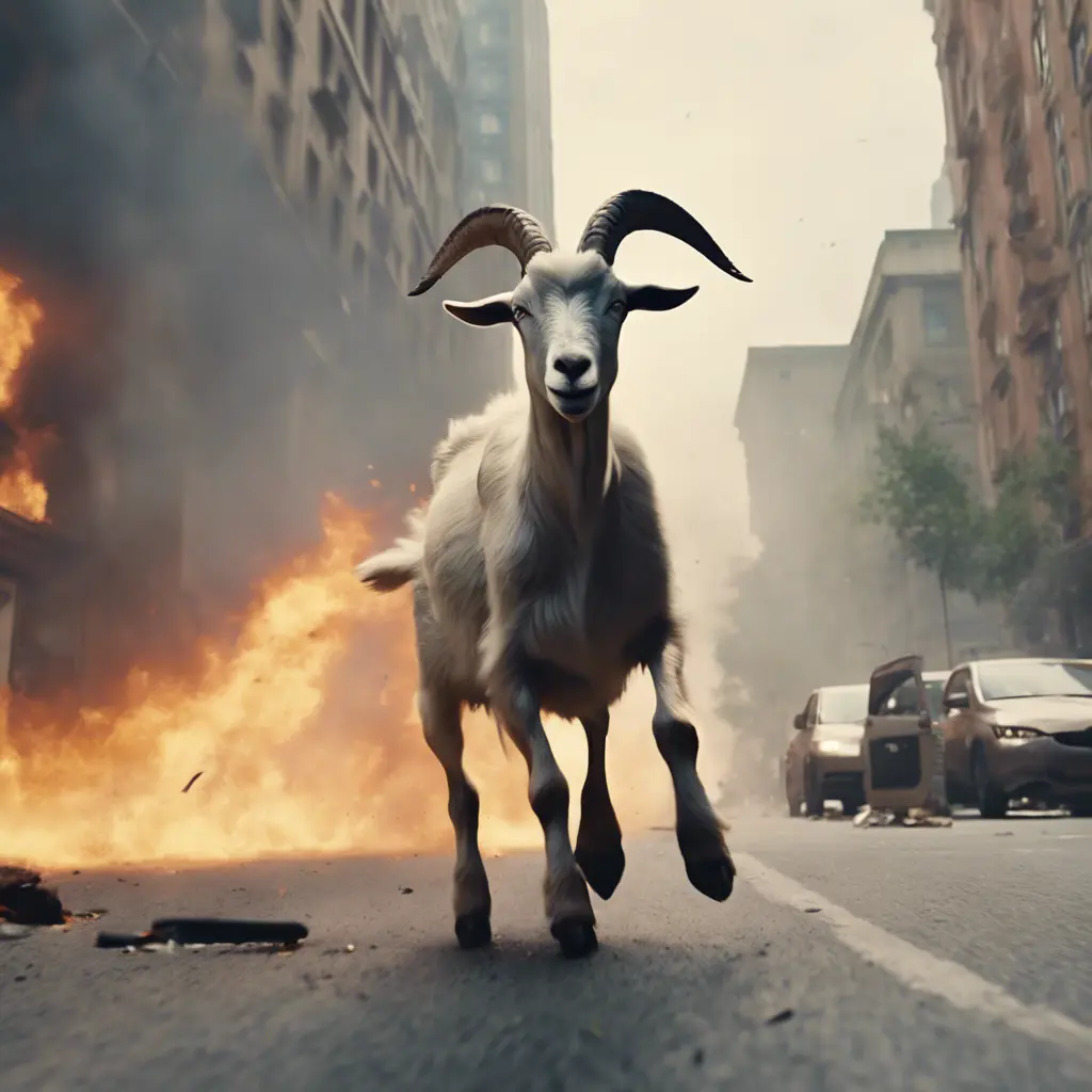 A regular sized goat on a wild rampage through a terrified and burning city. The goats insane energy is flinging pedestrians and cars aside as it rockets through the scene of a crowded city Street with overwhelming power, 4k, Atmospheric