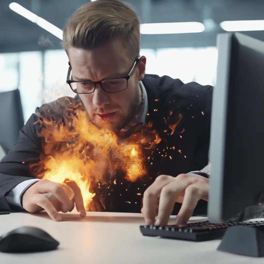 An IT worker typing so quickly that his keyboard starts burning, 4k