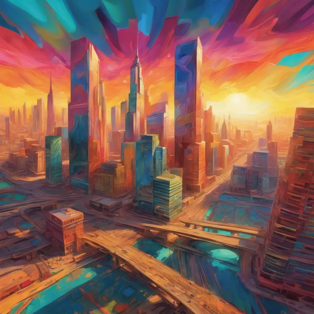 Generate an image of a bustling, colorful metropolis filled with towering skyscrapers and a vibrant sunrise, contrasting the calm and monotonous desert landscape depicted in a Van Gogh-inspired, distorted reality style, 4k by Stanley Artgerm Lau