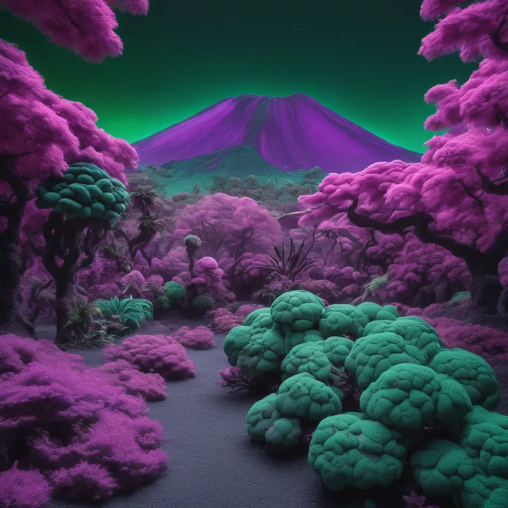 volcano garden and trees, purple and green, captured using infrared photography, 8k, Sharp Focus, Smooth, Landscape by Stanley Artgerm Lau