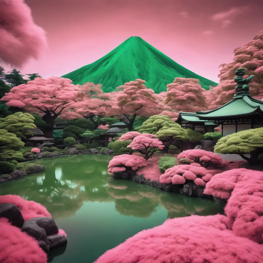 volcano japanese garden and trees, green and pink, captured using infrared photography, 8k, Sharp Focus, Smooth, Landscape by Studio Ghibli