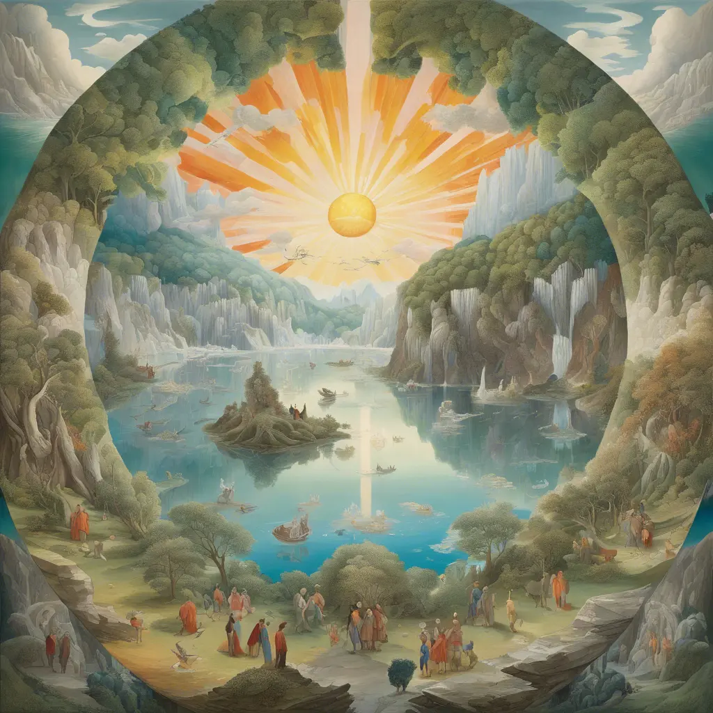 The image presents a fantastical, circular landscape that seamlessly transitions through the seasons as well as times of day, unified by a radiant central sun. The composition is a meticulous symphony of natural elements - towering ice cliffs, lush forests, and tranquil waters - juxtaposed with a multitude of human figures engaged in various activities suggestive of harmony with nature. Colors range from the cool blues and whites of winter to the warm autumnal golds and fiery tones suggesting summer, while the lighting is masterful, varying from the soft glow of dawn to the vivid brightness of noon and the gentle twilight. Please note that while I strive to describe the image accurately, my description may not fully capture the vibrancy or the subtle nuances of the artwork., 4k by Stanley Artgerm Lau