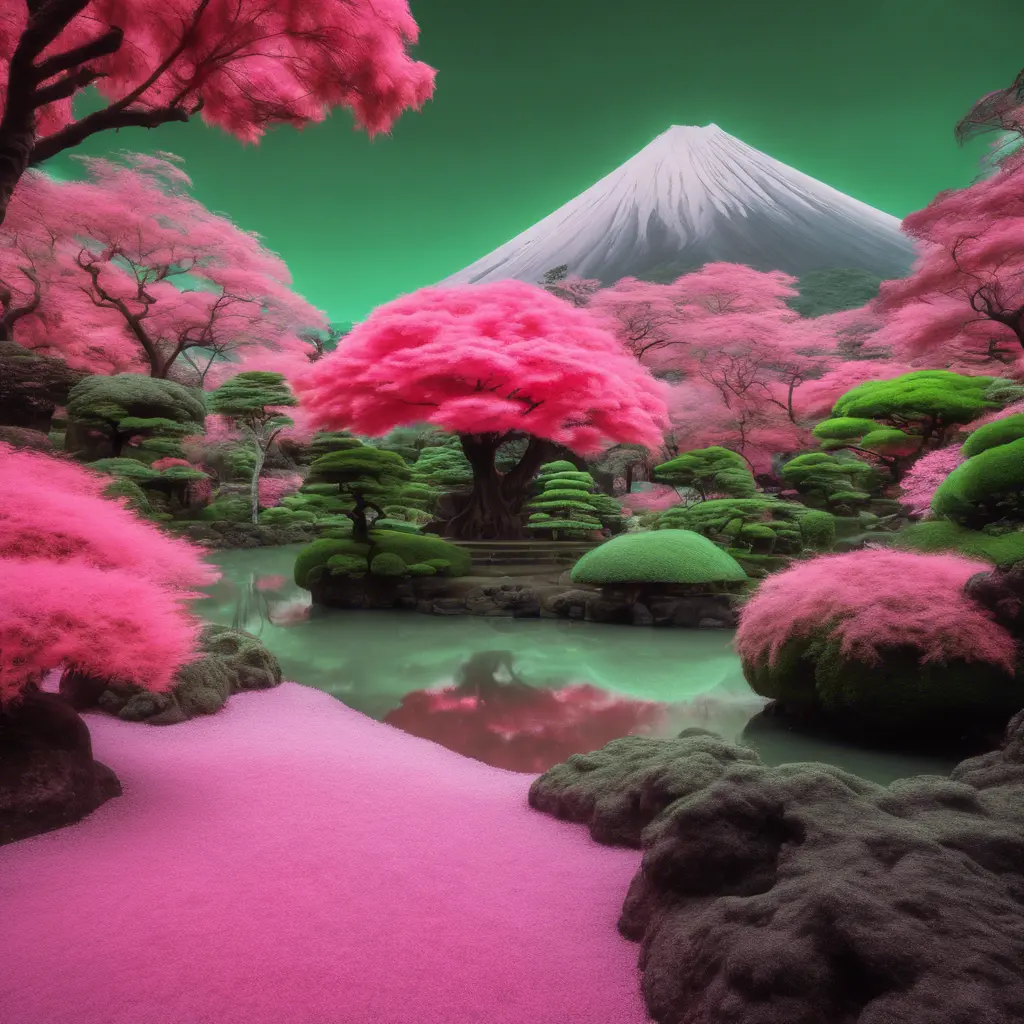 volcano japanese garden and trees, green and pink, captured using infrared photography, 8k, Sharp Focus, Smooth, Landscape by Studio Ghibli