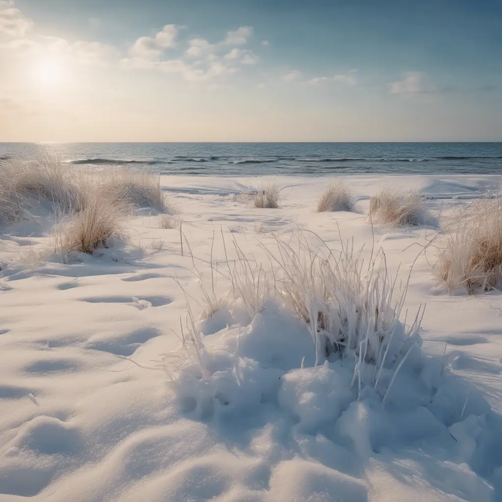 snowy winter landscape in the middle of summer at the beach, 4k by Stefan Kostic