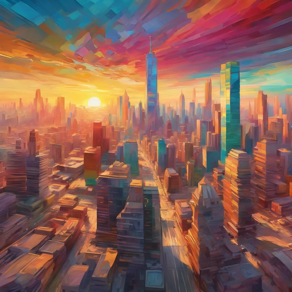 Generate an image of a bustling, colorful metropolis filled with towering skyscrapers and a vibrant sunrise, contrasting the calm and monotonous desert landscape depicted in a Van Gogh-inspired, distorted reality style, 4k by Stanley Artgerm Lau