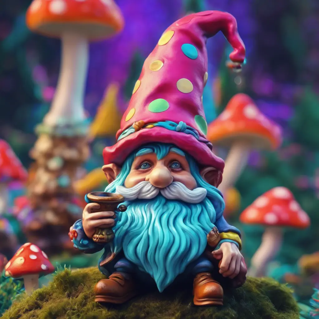 a gnome on a spotted mushroom smoking a pipe, psychedelic, colorful, Alice in Wonderland style, 4k