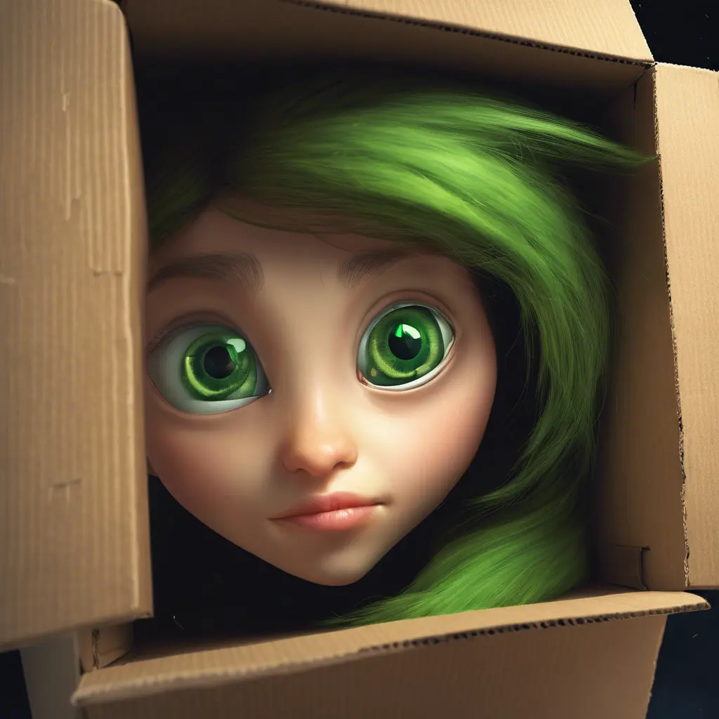 A cardboard box. Through the handle hole, a pair of bright green eyes can be seen peering out of the darkness, 4k, Atmospheric, Award-Winning by Stanley Artgerm Lau