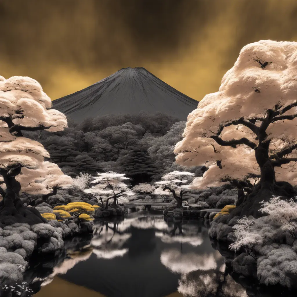 volcano japanese garden and trees, black and gold, captured using infrared photography, 8k, Sharp Focus, Smooth, Landscape by Greg Rutkowski