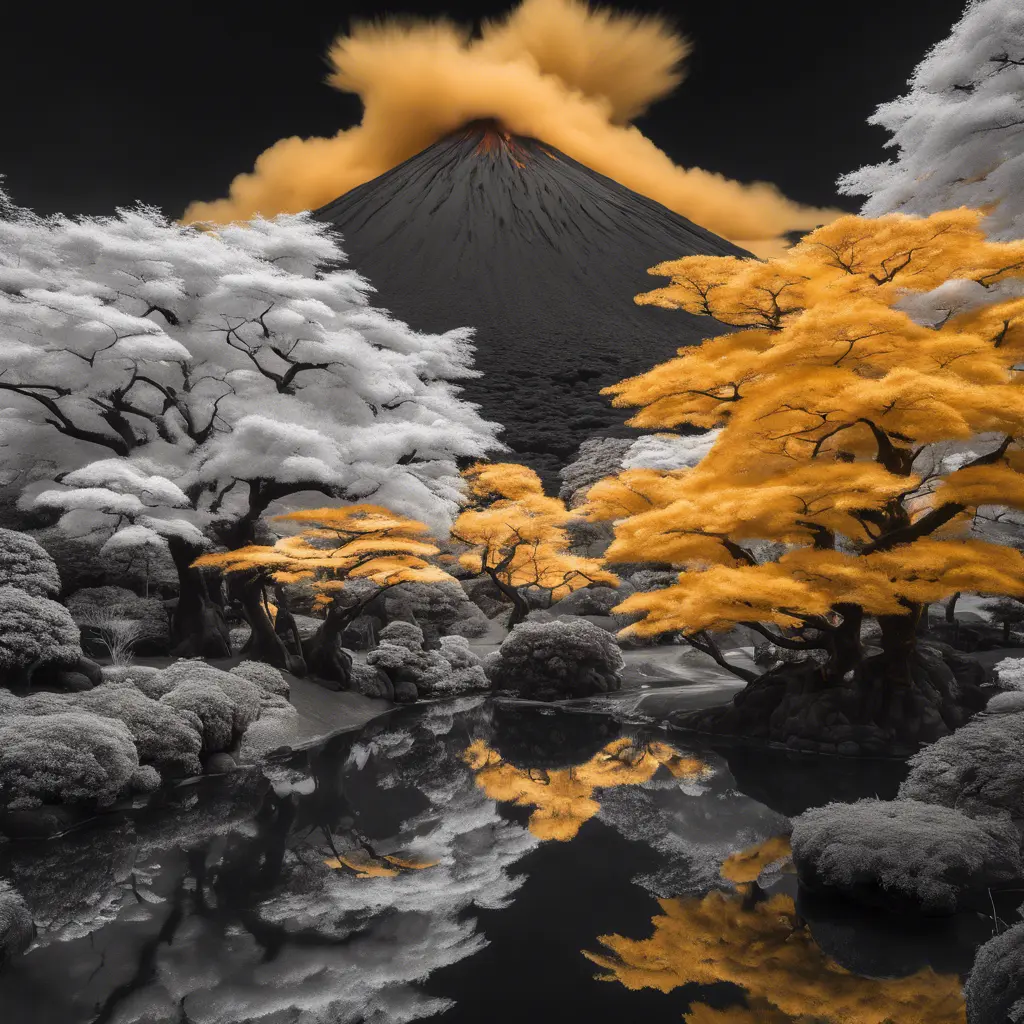 volcano japanese garden and trees, black and gold, captured using infrared photography, 8k, Sharp Focus, Smooth, Landscape by Greg Rutkowski