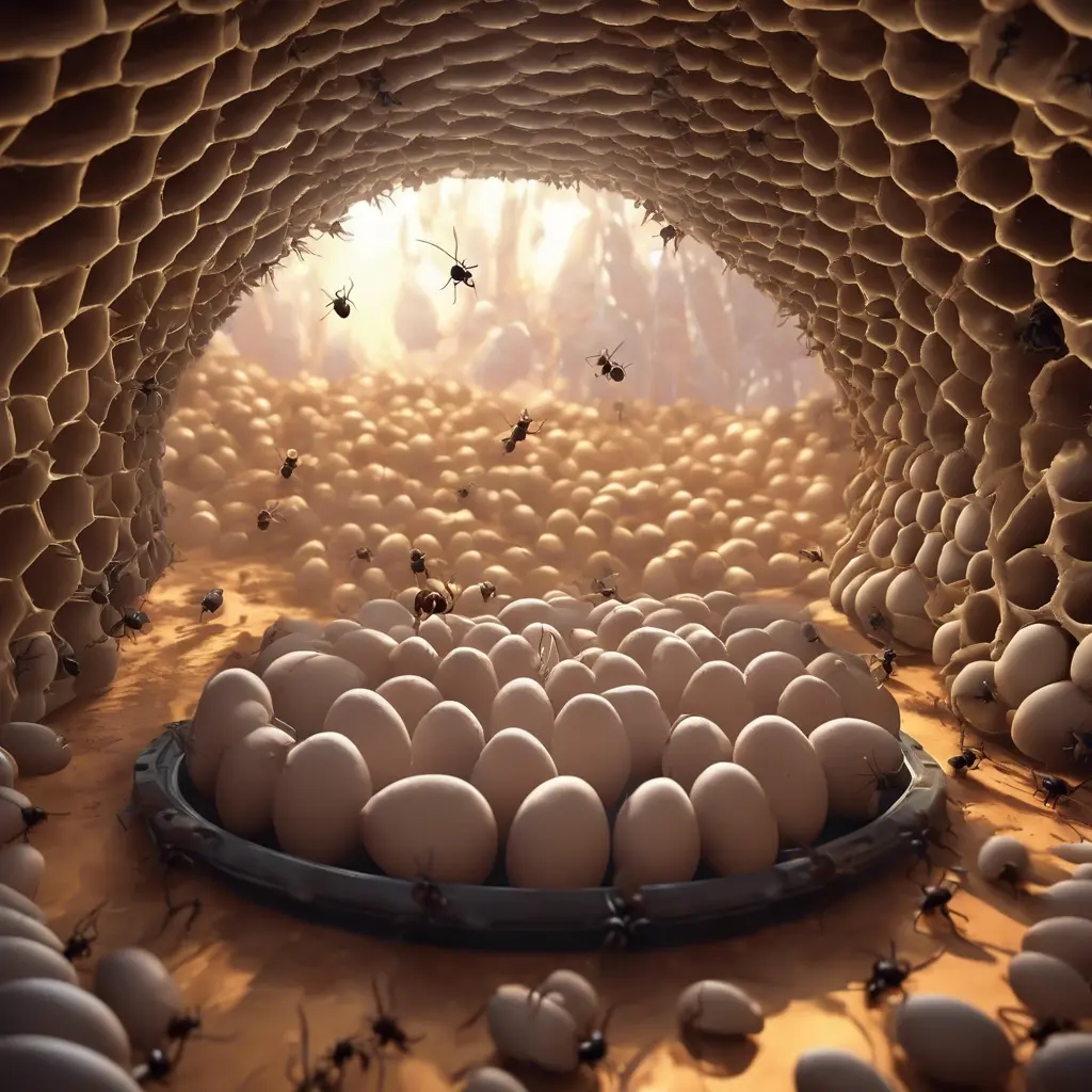 Inside a hive full of antropomorphic ant-like creatures tending to their giant eggs. The eggs are on a soft transport belt with an indentation for each egg. The room has round windows. Some newly hathed ant creatures are in a crib, 4k, Atmospheric by Stanley Artgerm Lau