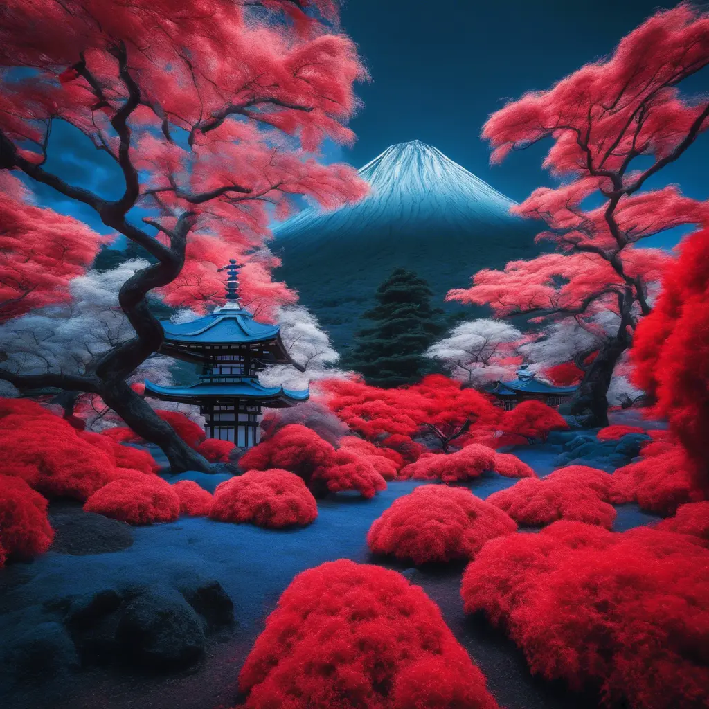 volcano japanese garden and trees, red and blue, captured using infrared photography, 8k, Sharp Focus, Smooth, Landscape by Stefan Kostic