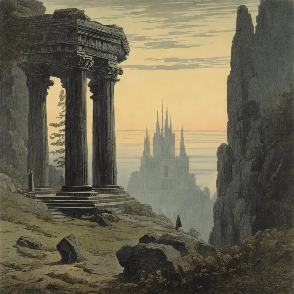 An old temple, Vintage Illustration, Fantasy by Caspar David Friedrich