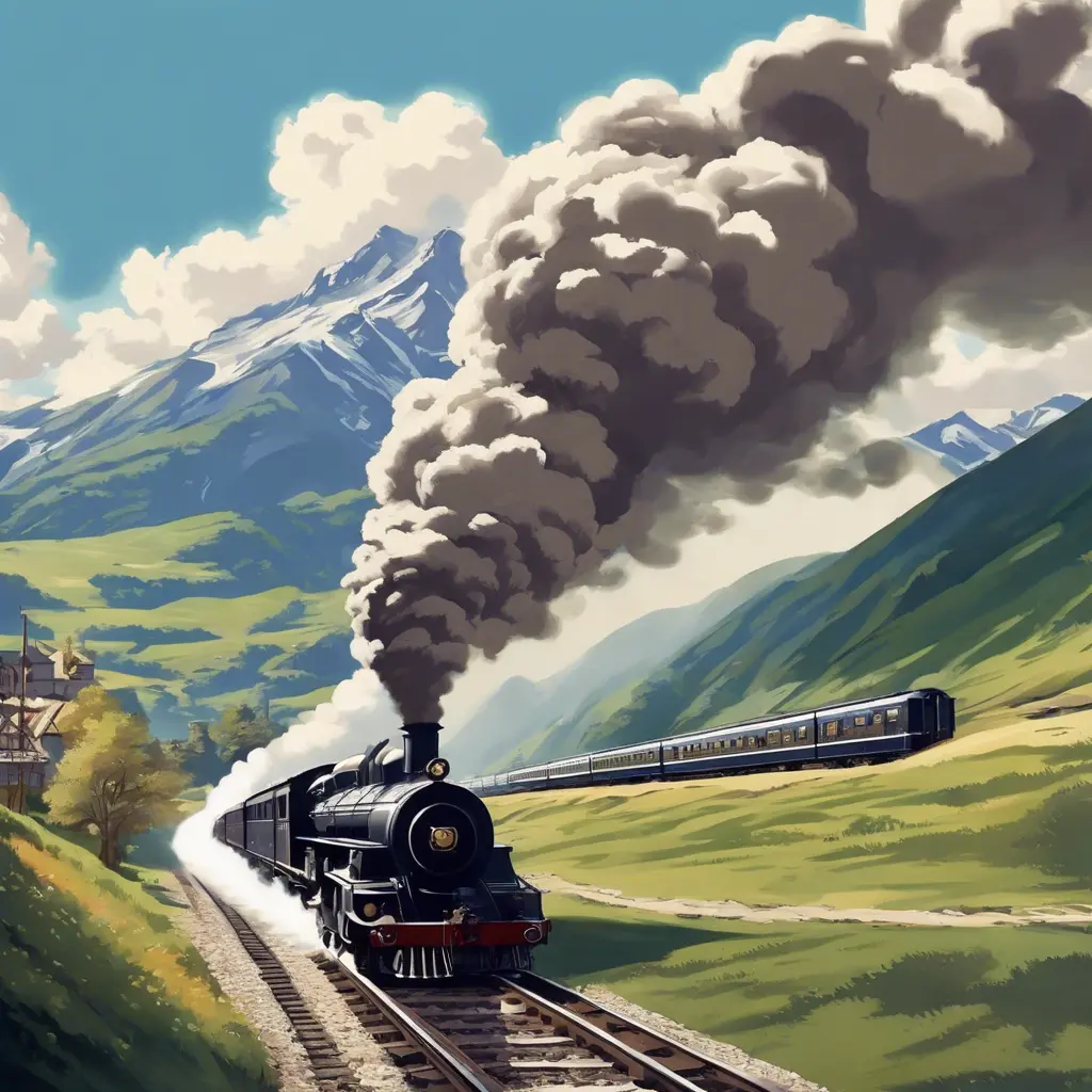 The orient express train moving at speed on the track on a sunny day with mountains in the background 1920, steam, Fantasy