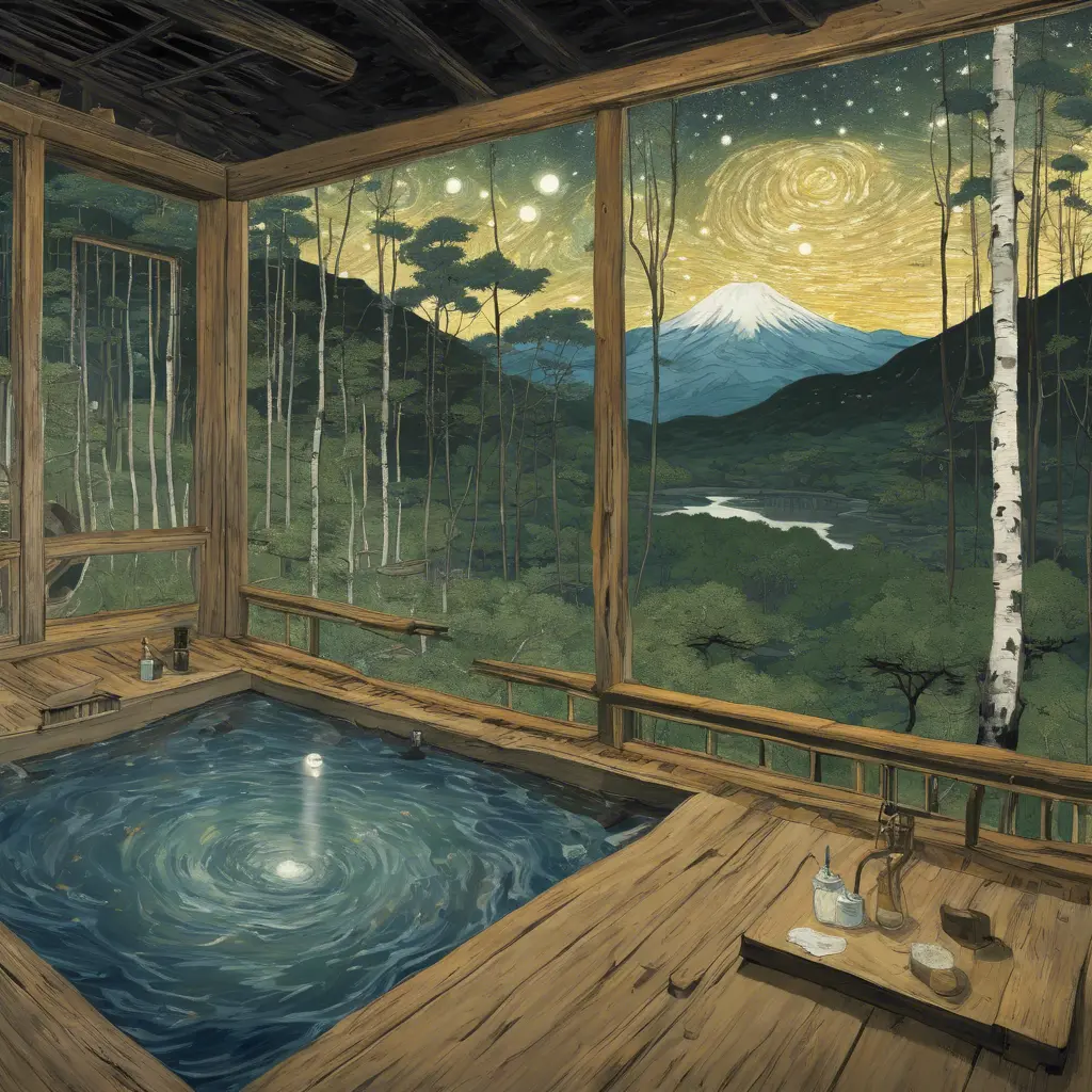 Japanese hot springs, the edge of the hot spring is made of wood, the view from the perspective of the person bathing in the hot spring, the surroundings are a white birch forest, the forest in front of you, a fox in the forest, a starry sky, the surroundings. There are no people., Matte Painting by Vincent van Gogh