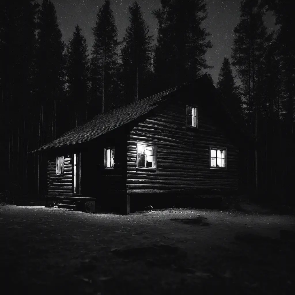 cabin in the night black background, black and white picture, only the window is lit, Dark
